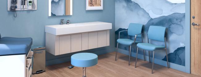 Sloan LED Mirrors, Faucet, Soap Dispenser, and sink deck in a physician's office